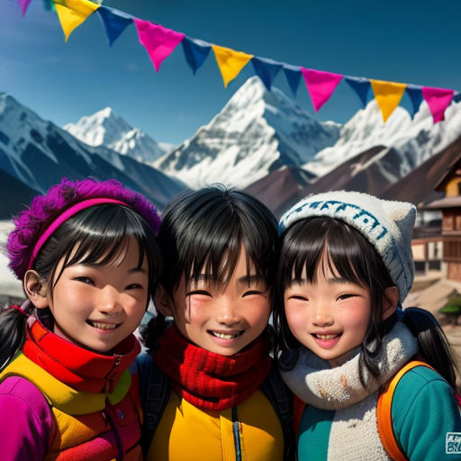 three young girls standing next to each other in front of a mountain range with a banner in the background