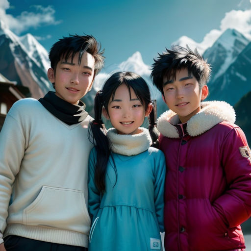three people standing next to each other in front of a mountain range with snow capped mountains in the background