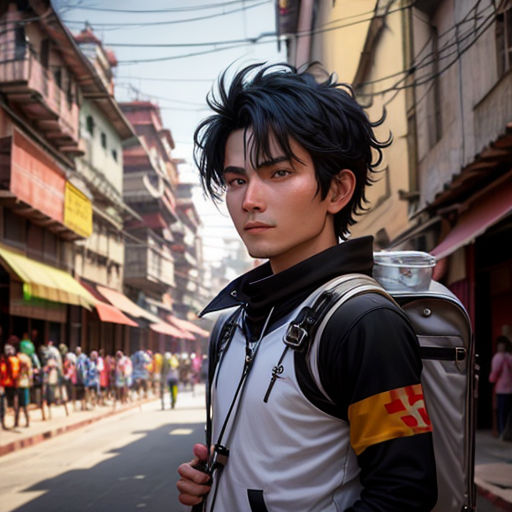 a man with a backpack on a city street with people walking by in the background and a crowd of people walking on the street