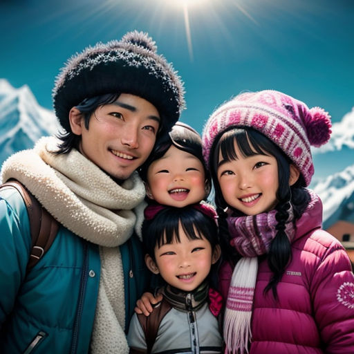 a man and two women and a child posing for a picture in front of a mountain range with snow capped mountains