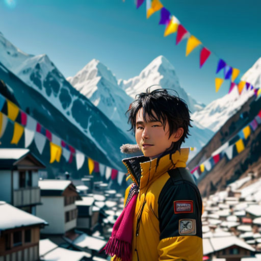 a man standing in front of a mountain with a scarf around his neck and a yellow jacket on his shoulders
