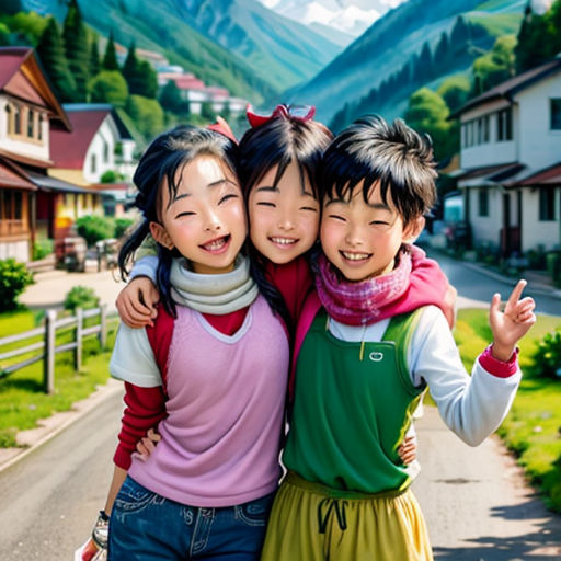 three young girls standing together in front of a mountain village with a mountain in the background and a road leading to the front