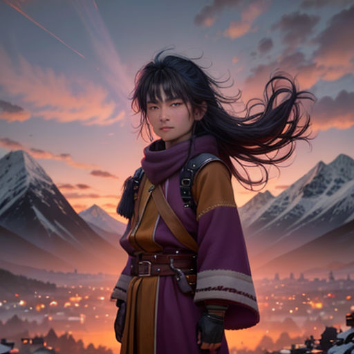 a woman in a purple dress standing in front of a mountain range at sunset with her hair blowing in the wind