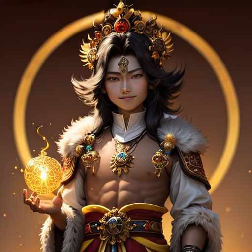 a man in a costume holding a ball in his hand and a ring around his neck with a ring around his neck