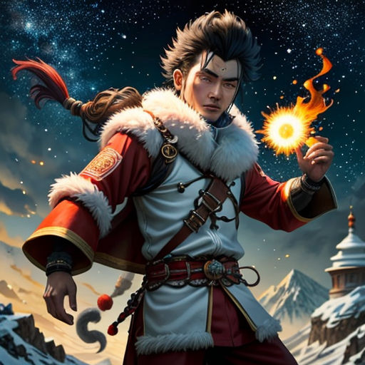 a man in a red and white outfit holding a fire ball in his hand and a mountain in the background