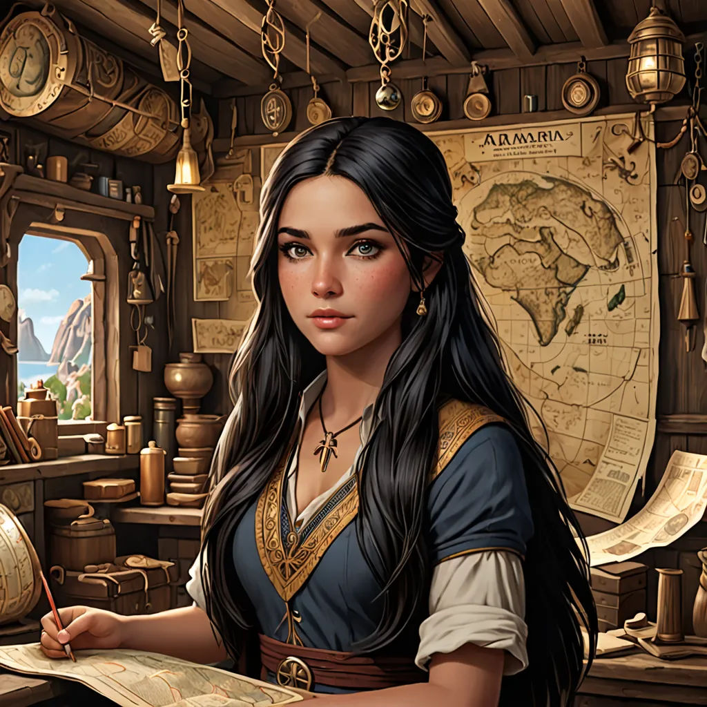 a woman in a medieval dress holding a map and a compass in her hand in a room with a map and a window, fantasy art, a detailed painting, Art of Brom, epic fantasy character art