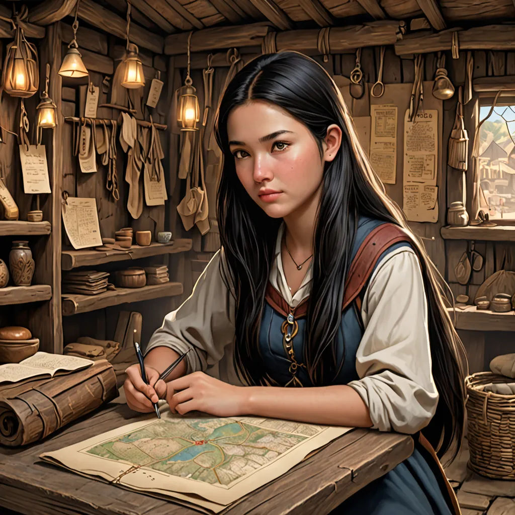 a woman sitting at a table with a map and pen in her hand and a lot of books on the shelves, fantasy art, a character portrait, Clint Cearley, fantasy illustration