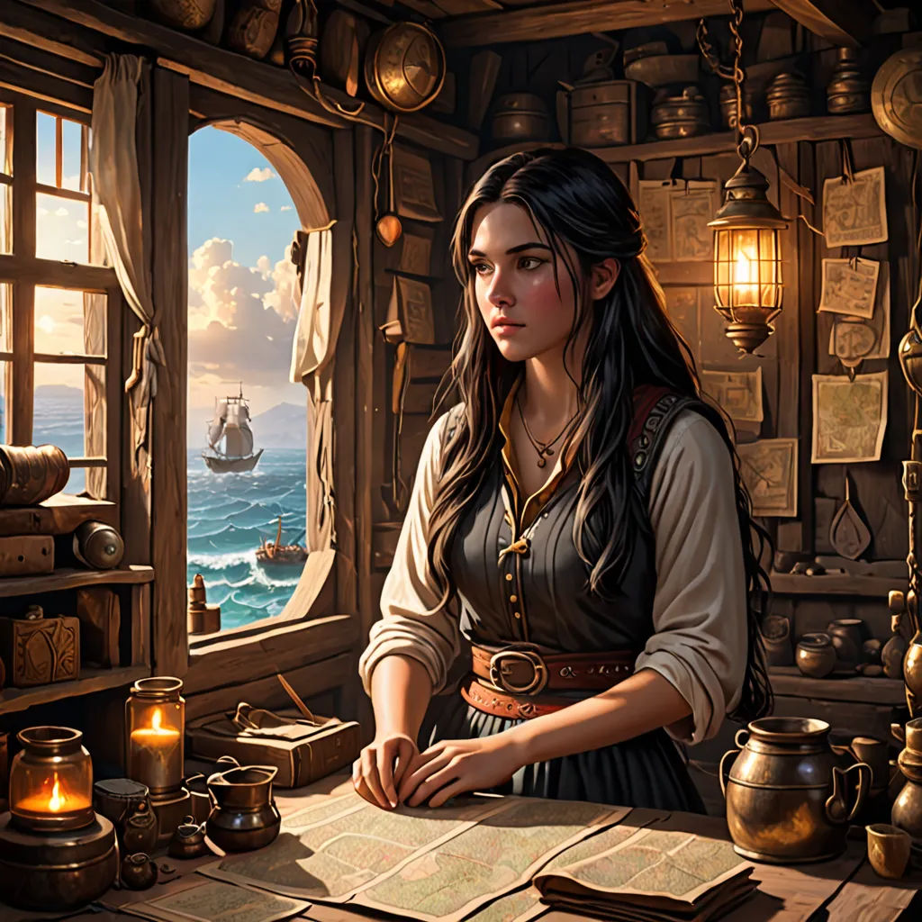 a woman sitting at a table in front of a window with a map and a pirate ship in the background, fantasy art, a detailed matte painting, Chris Rahn, fantasy artwork