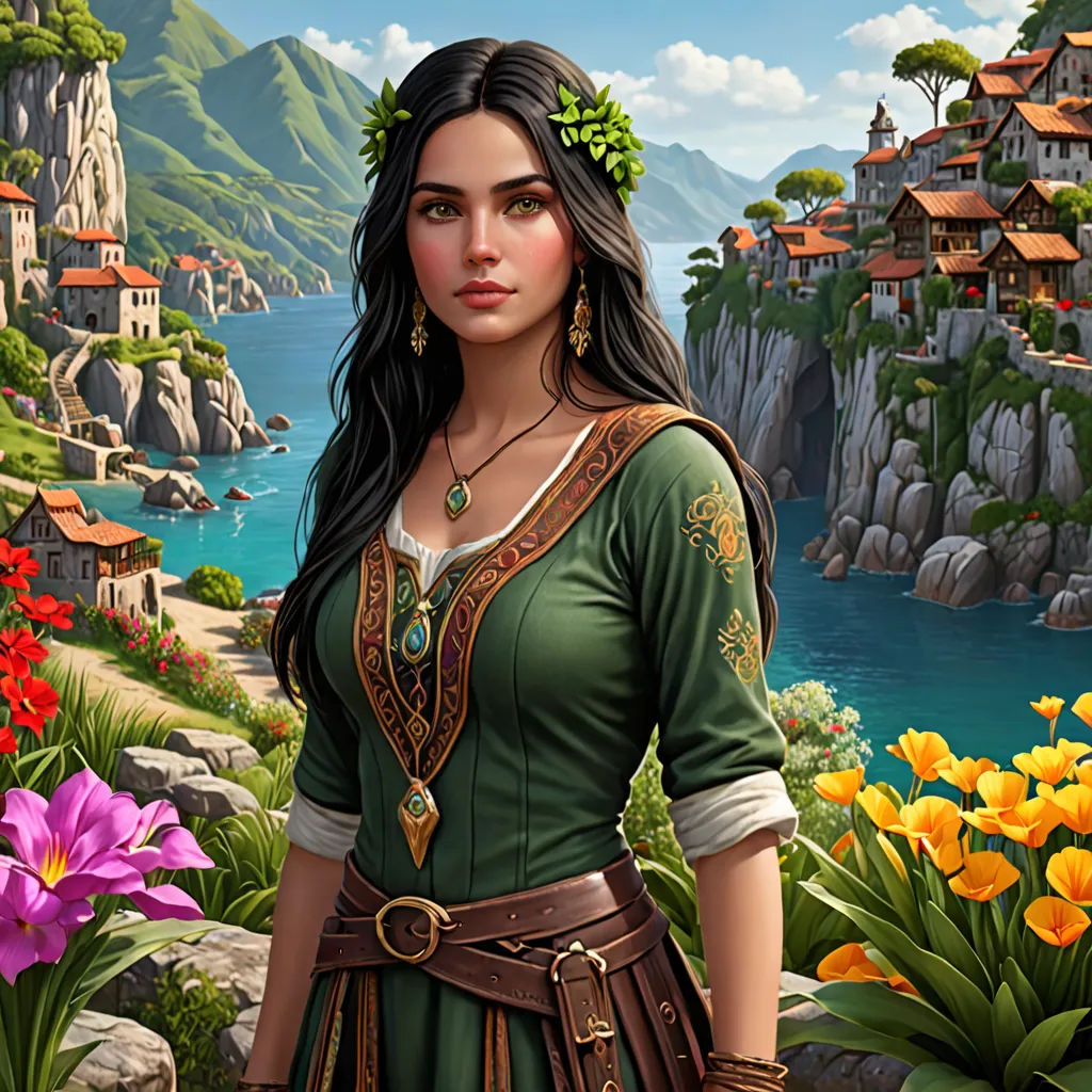 a woman in a green dress standing in front of a mountain and flowers with a castle in the background, fantasy art, a detailed painting, Anne Stokes, fantasy artwork