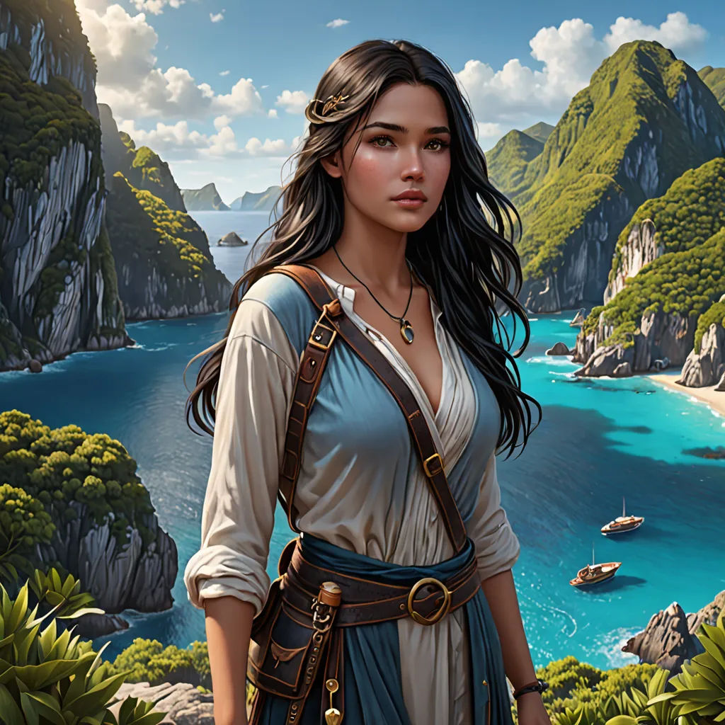 a woman in a dress standing in front of a mountain and a body of water with boats in the water, fantasy art, a detailed matte painting, Clint Cearley, epic fantasy character art