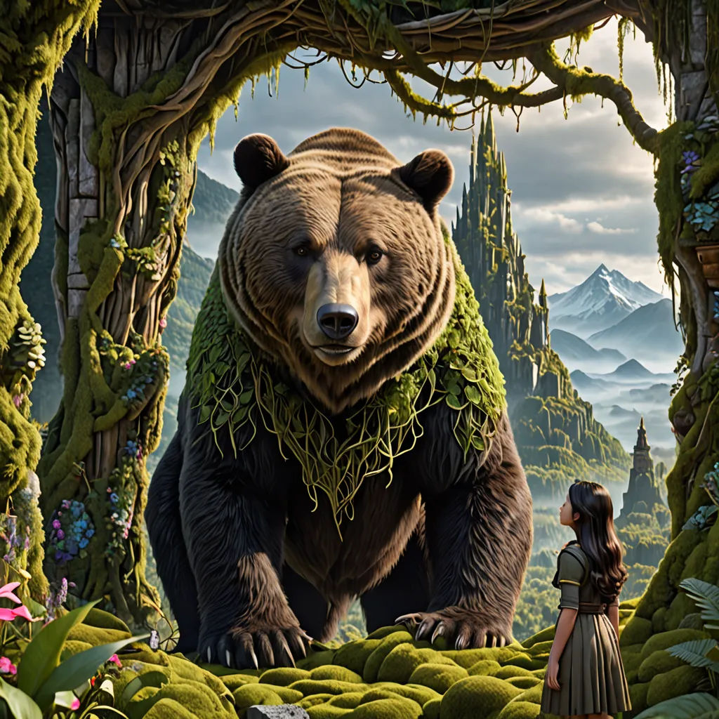 a woman standing in a forest with a bear in the background and a forest scene in the background with a woman looking at a bear, fantasy art, a detailed matte painting, Chris LaBrooy, highly detailed digital art