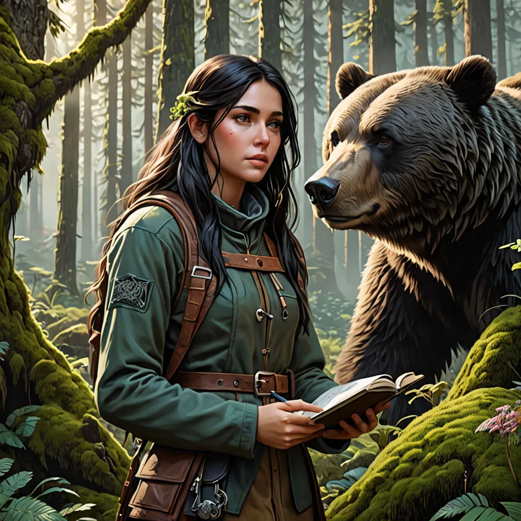 a woman standing in a forest next to a bear holding a book in her hands and looking at the bear, fantasy art, a character portrait, Clint Cearley, magic the gathering artwork