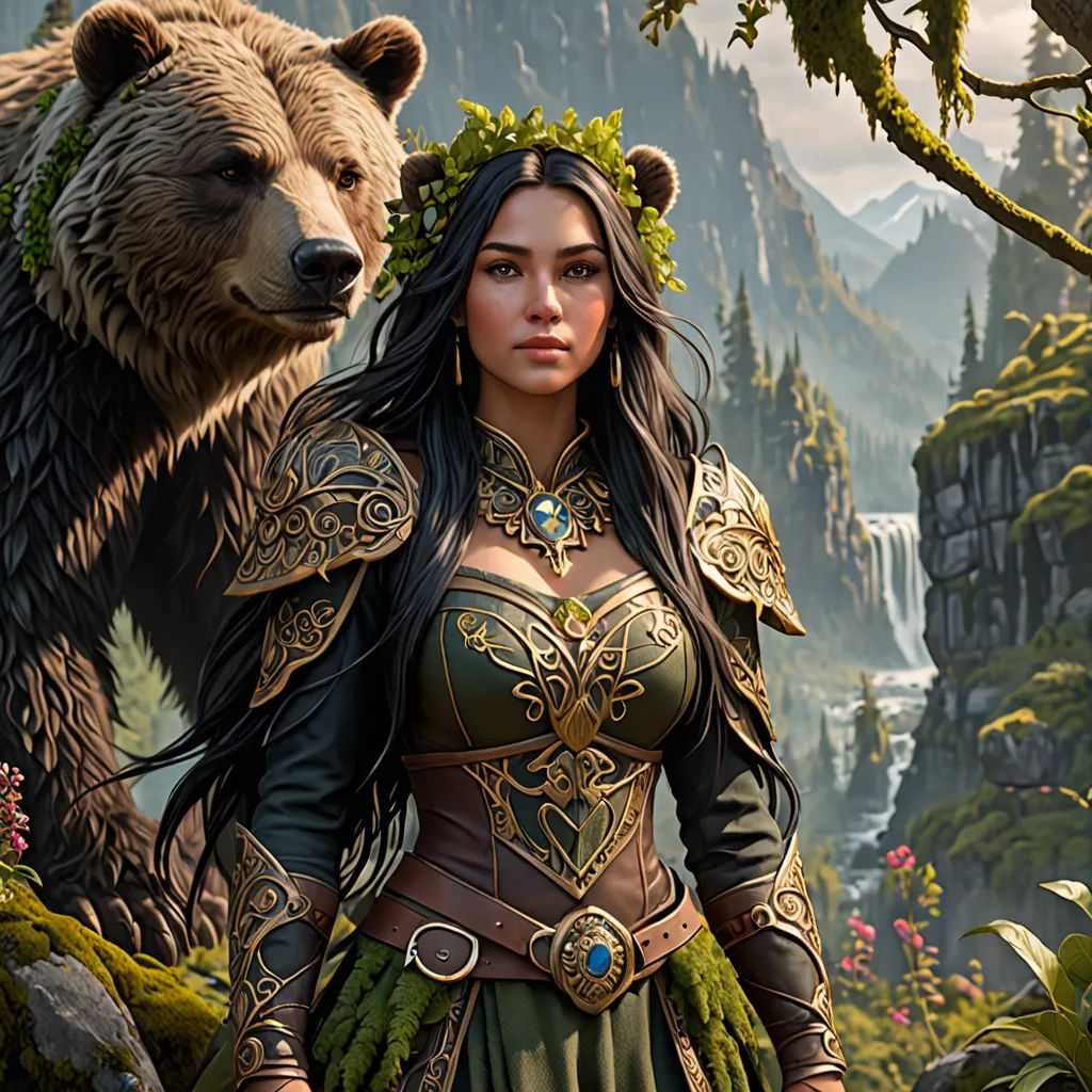 a woman in a green dress standing next to a bear in a forest with flowers and trees in the background, fantasy art, computer graphics, Clint Cearley, magic the gathering artwork