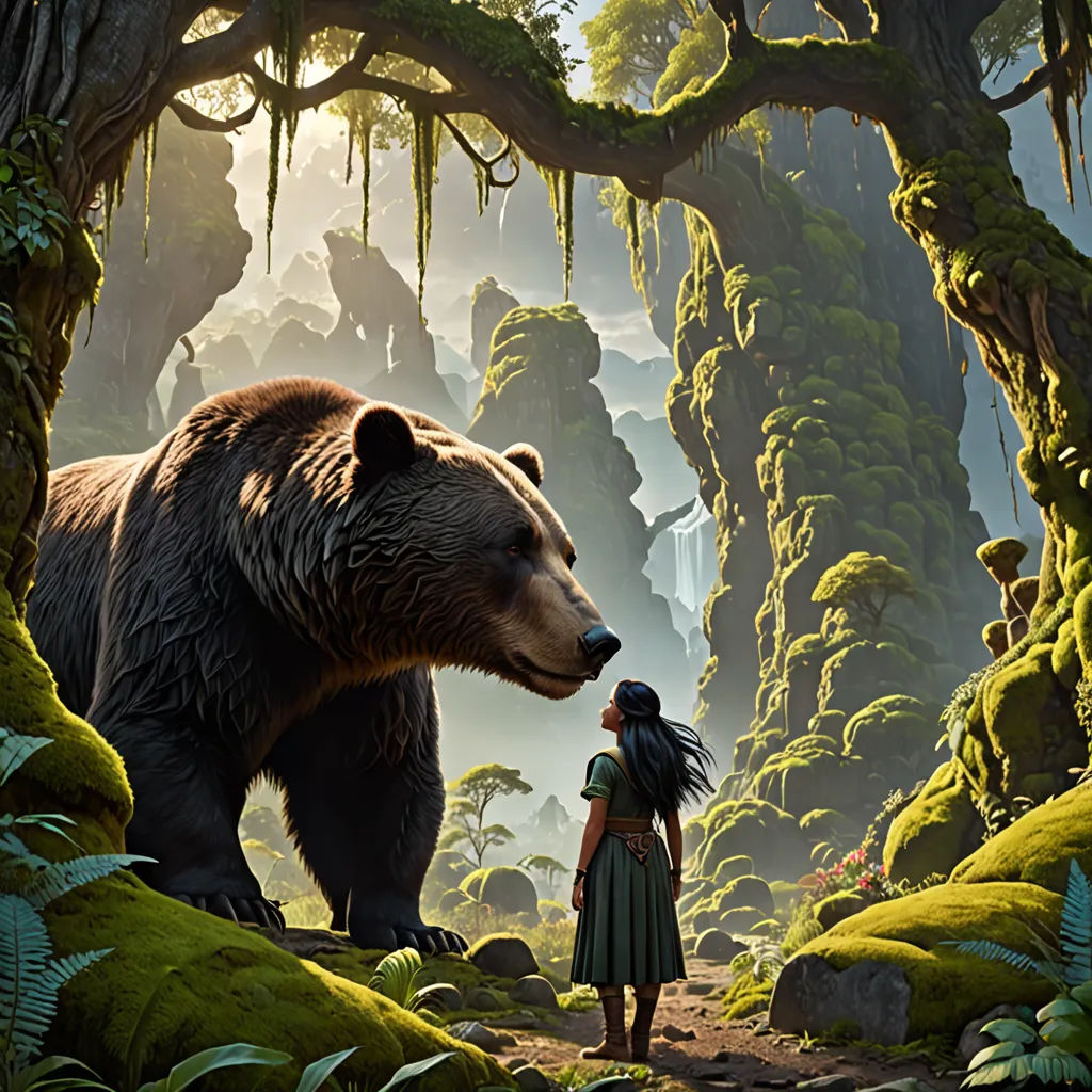 a woman standing next to a bear in a forest filled with trees and mossy plants and a man standing next to it, fantasy art, a detailed matte painting, Chris LaBrooy, promotional image