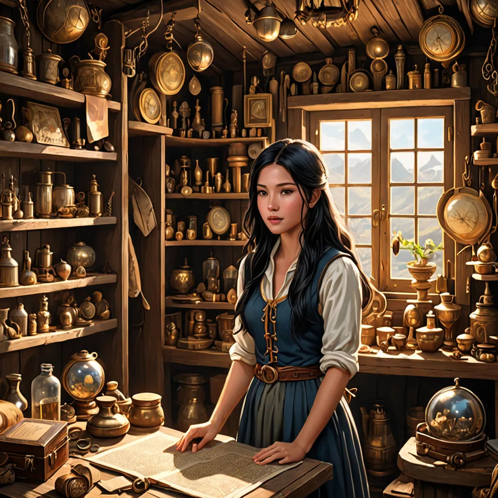a woman standing in a room with lots of clocks and a book in front of her and a window, fantasy art, a storybook illustration, David Paton, fantasy artwork