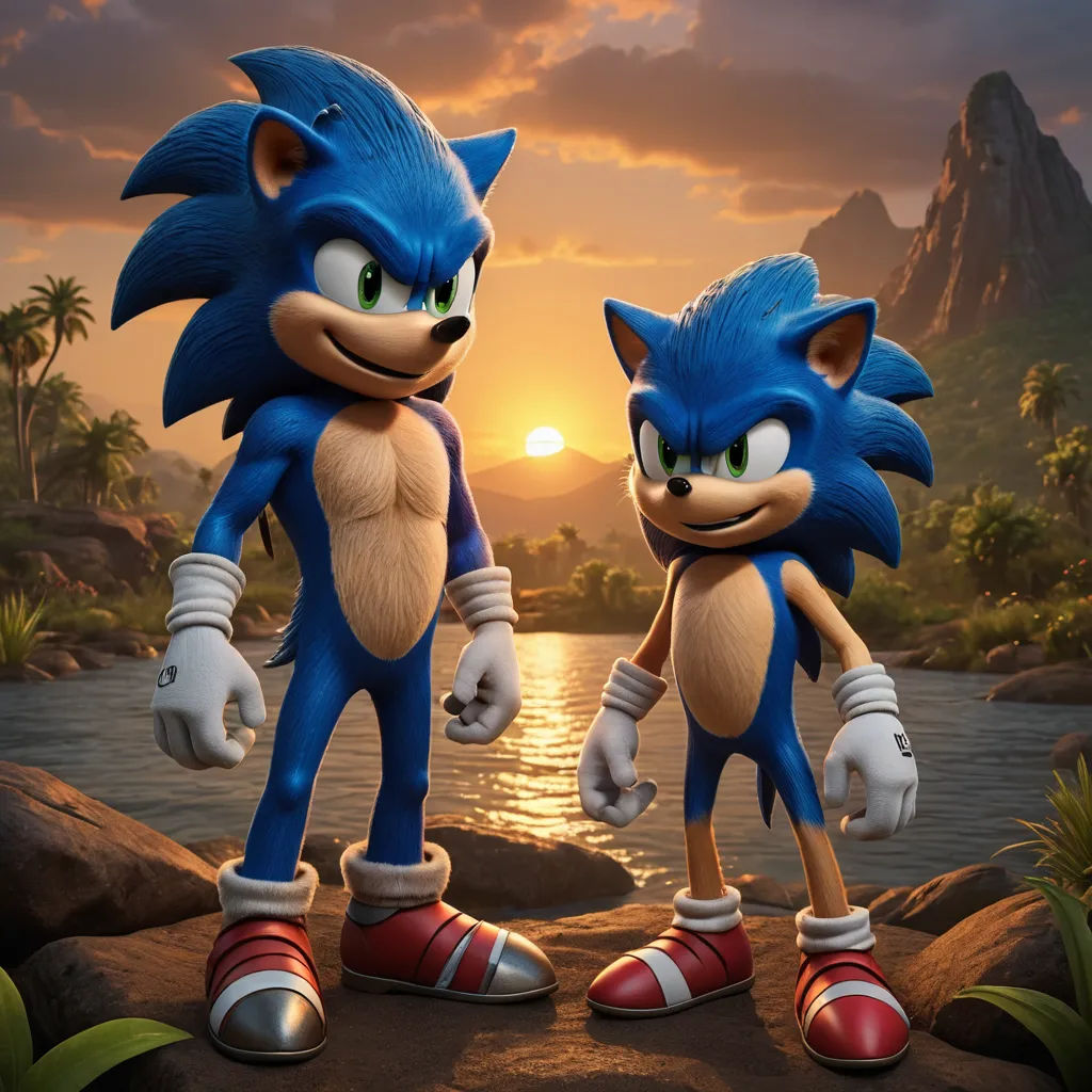 a couple of sonic and tails standing next to each other on a rock near a body of water at sunset, sots art, concept art, Chris LaBrooy, unreal engine highly rendered