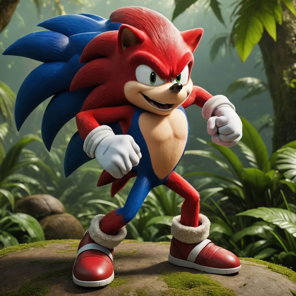a cartoon character in a red and blue outfit running through a jungle with a large, furry animal like head, sots art, concept art, Chris LaBrooy, unreal engine 5 quality render