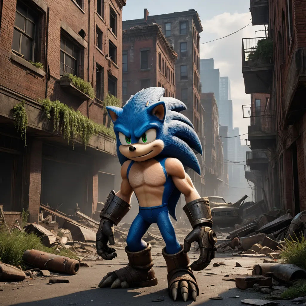 a cartoon character is walking through a destroyed city street in a video game character costume, with a huge blue and white face, classical realism, concept art, Chris LaBrooy, unreal engine highly rendered