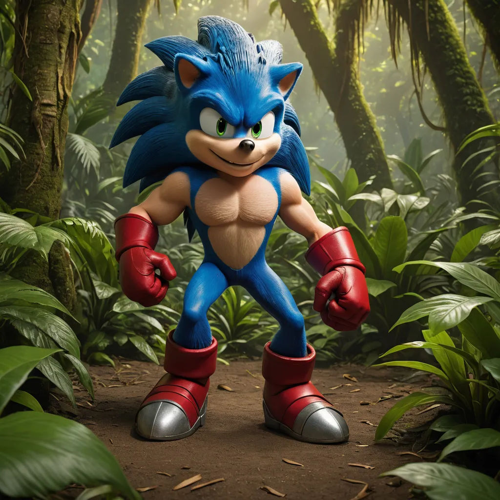 a cartoon character in a jungle setting with a red glove on his hand and a blue and white face, furry art, a 3D render, Chris LaBrooy, unreal engine 5 quality render