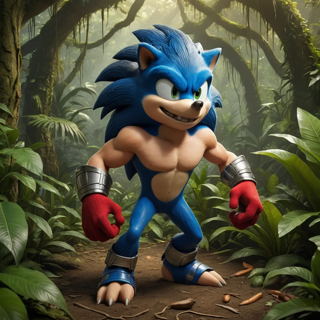 a cartoon character in a jungle setting with a forest background and trees and plants, with a blue and white sonic the hedge, sots art, concept art, Dom Qwek, unreal engine 5 quality render