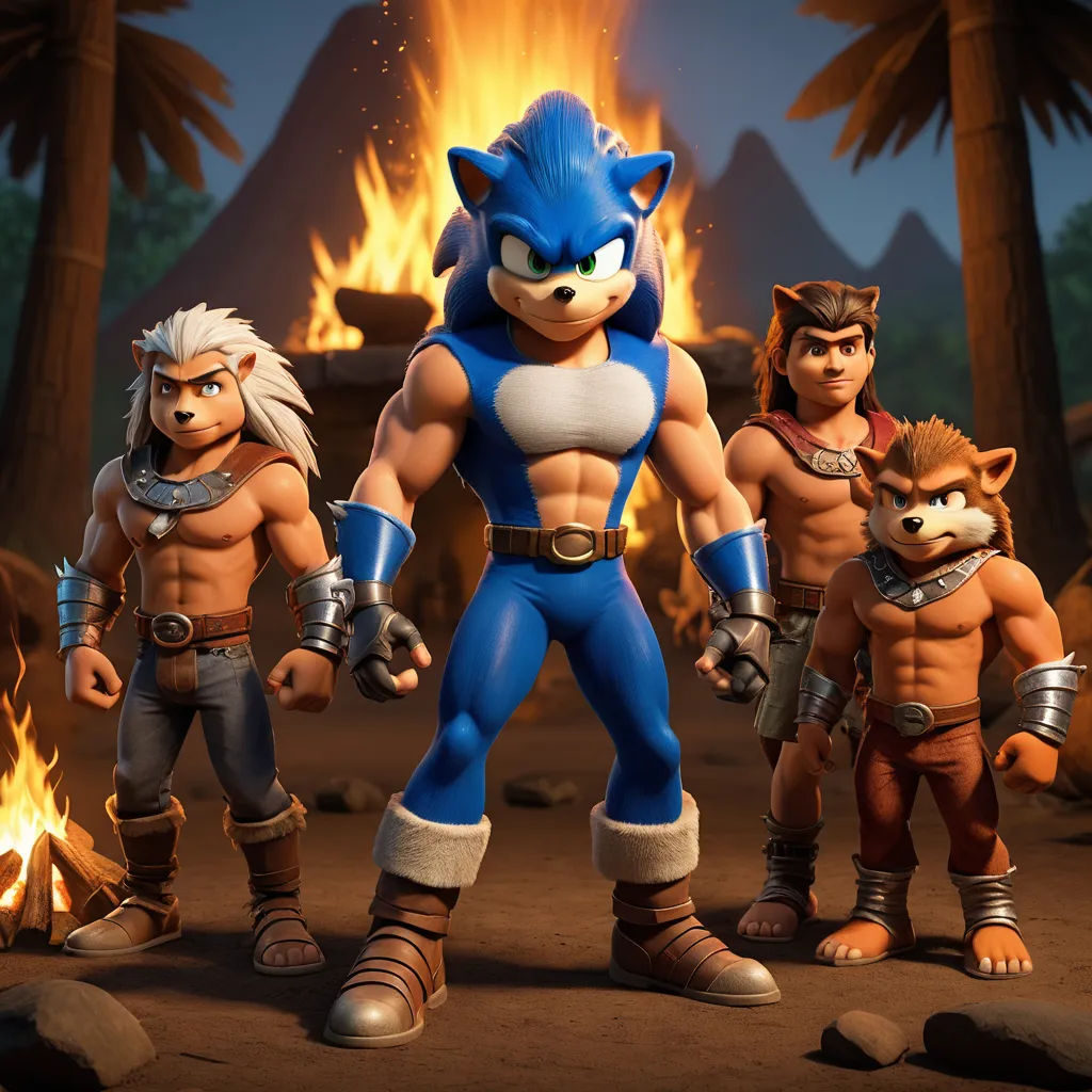 a group of cartoon characters standing in front of a fire pit with a blue and white outfit on and a blue and white shirt on, sots art, concept art, Altoon Sultan, unreal engine 5 quality render