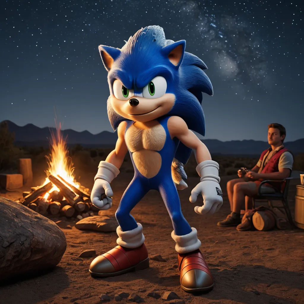 a man sitting in a chair next to a fire pit with a sonic the hedge character on it's lap, furry art, concept art, Chris LaBrooy, unreal engine 5 quality render