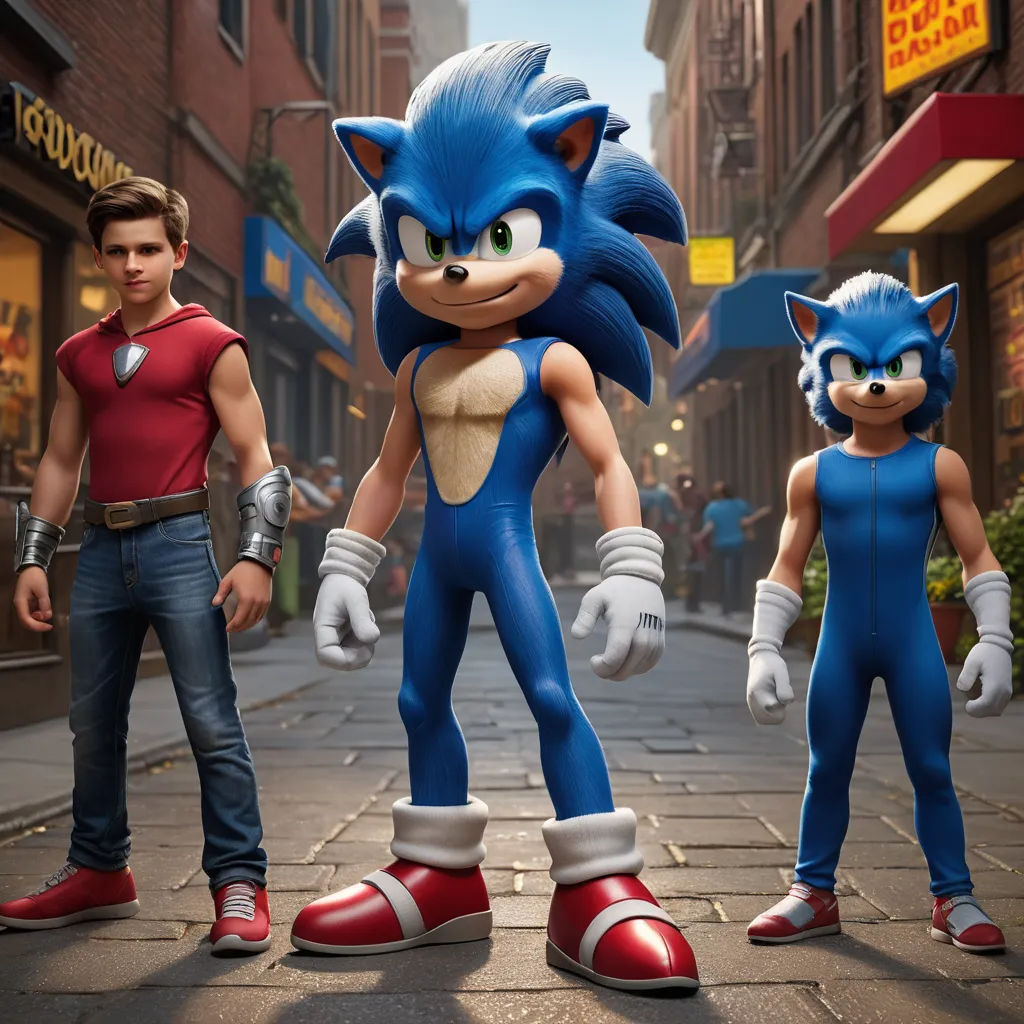 a group of sonic the hedgehog characters standing on a city street in front of a storefront window, furry art, concept art, Dom Qwek, unreal engine highly rendered