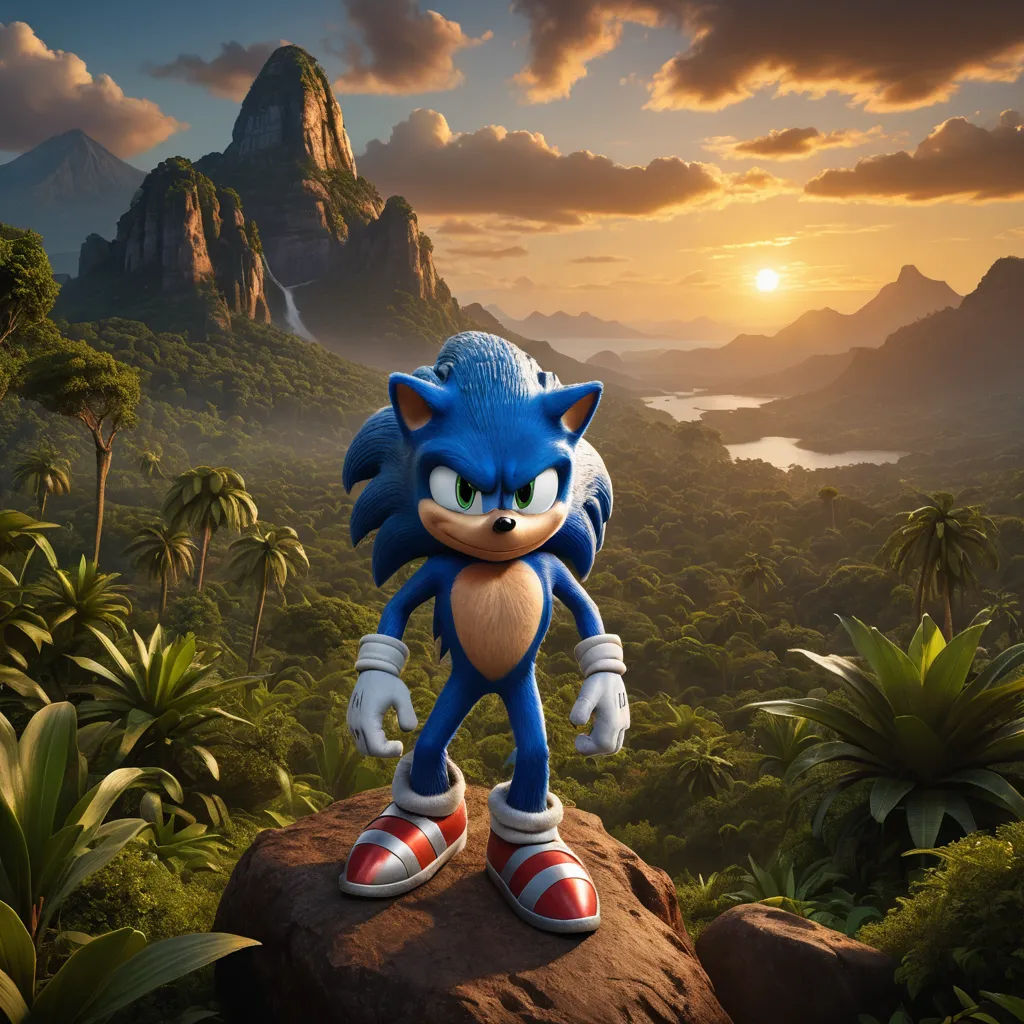 a sonic the hedgehog is standing on a rock in a tropical setting with a sunset in the background, photorealism, concept art, Chris LaBrooy, unreal engine 5 highly rendered