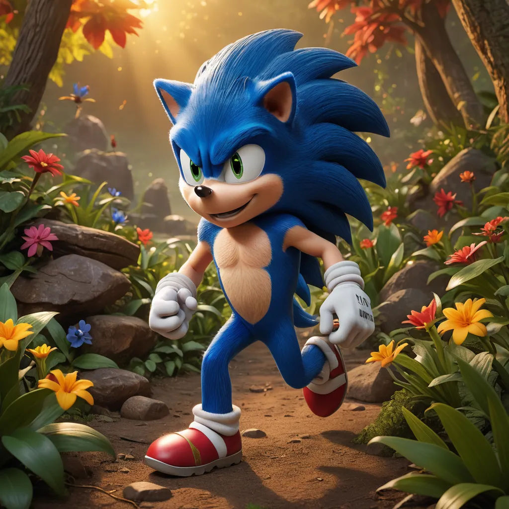 a sonic the hedge running through a forest of flowers and trees with a bright sun shining through the trees, sots art, concept art, Chris LaBrooy, unreal engine highly rendered