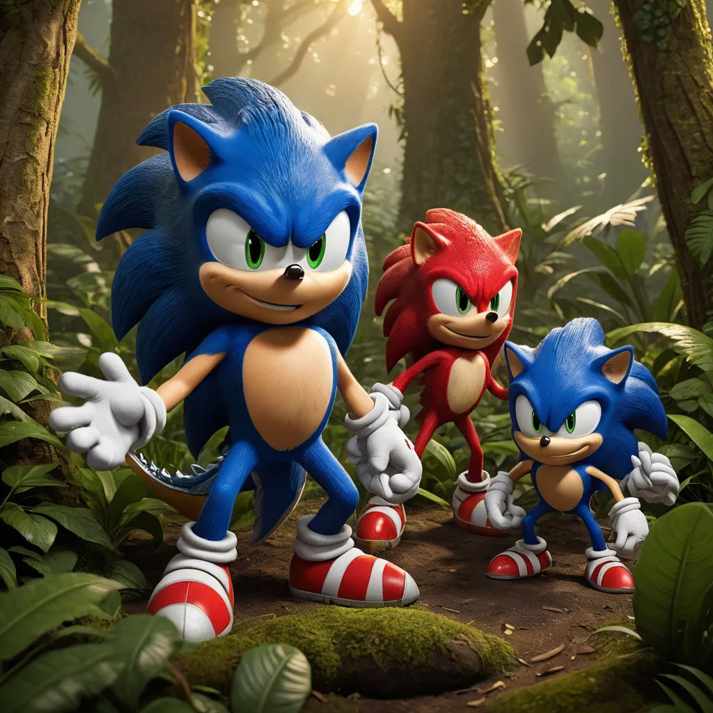 a group of sonic and tails in a forest with trees and plants in the background, with sunlight shining through the trees, sots art, concept art, Chris LaBrooy, official art