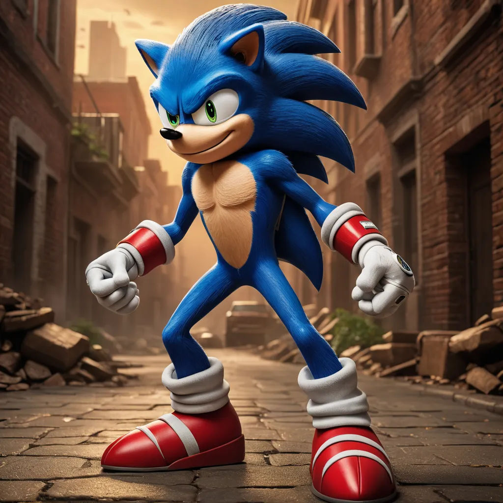 a cartoon character is walking down a street in a city setting with a brick wall and a cobblestone street, sots art, concept art, Chris LaBrooy, unreal engine highly rendered