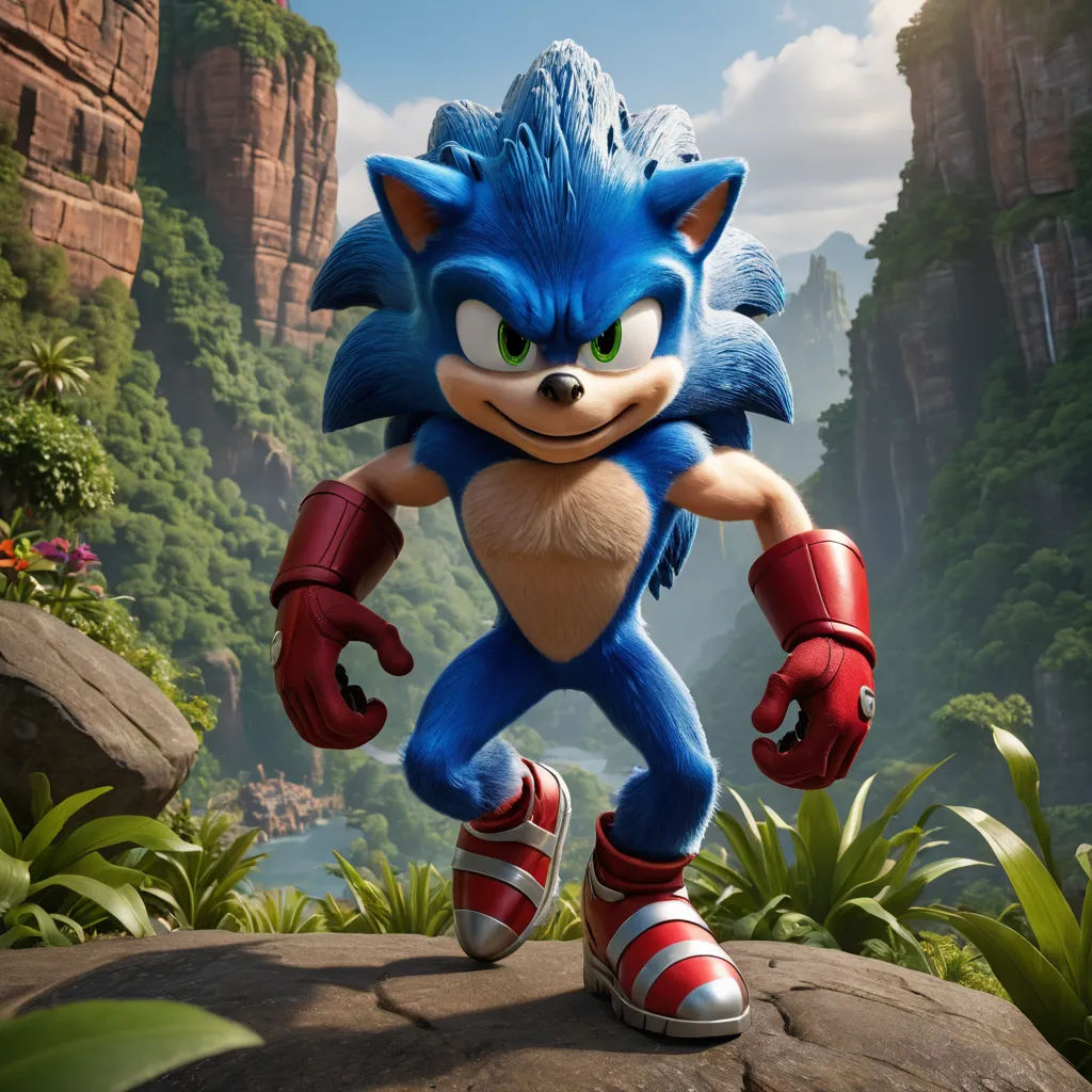 a cartoon character in a blue outfit and red shoes standing on a rock in front of a mountain and forest, sots art, concept art, Eddie Mendoza, unreal engine highly rendered