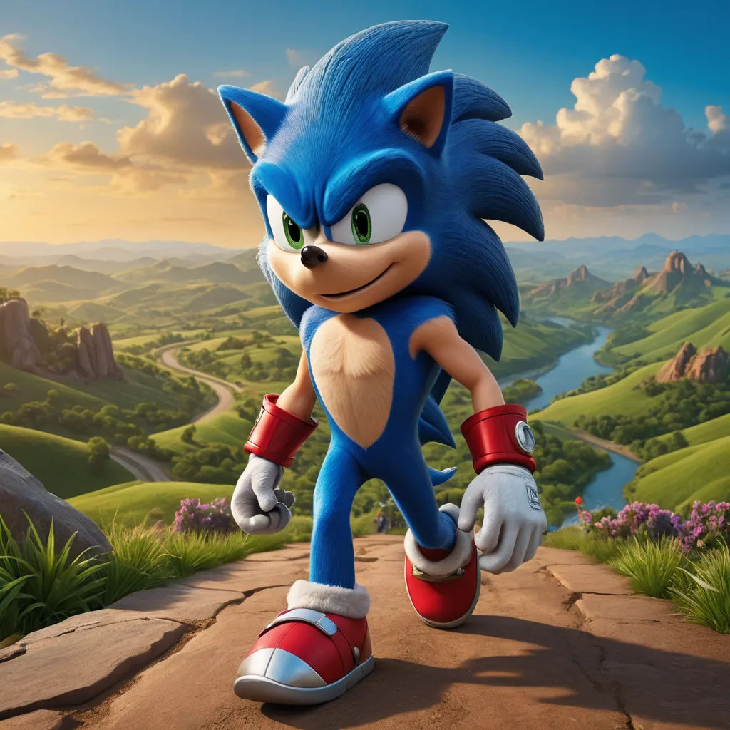 a cartoon character is running on a path in a landscape with mountains and flowers in the background, with a blue and red sonic the hedge, sots art, concept art, Eddie Mendoza, unreal engine highly rendered