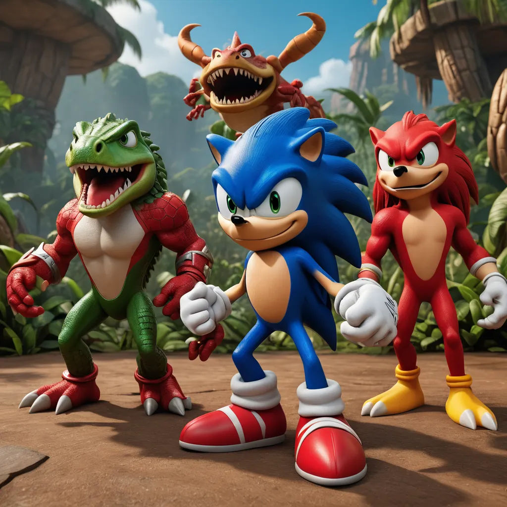 a group of cartoon characters in a jungle setting with a dragon and a lizard in the background, with a backdrop of trees and bushes, sots art, concept art, Adam Rex, unreal engine highly rendered