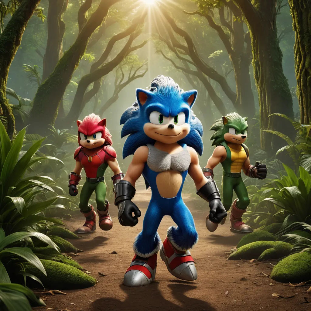 a group of cartoon characters running through a forest with trees and plants in the background, with sunlight shining through the trees, sots art, concept art, Eddie Mendoza, official art