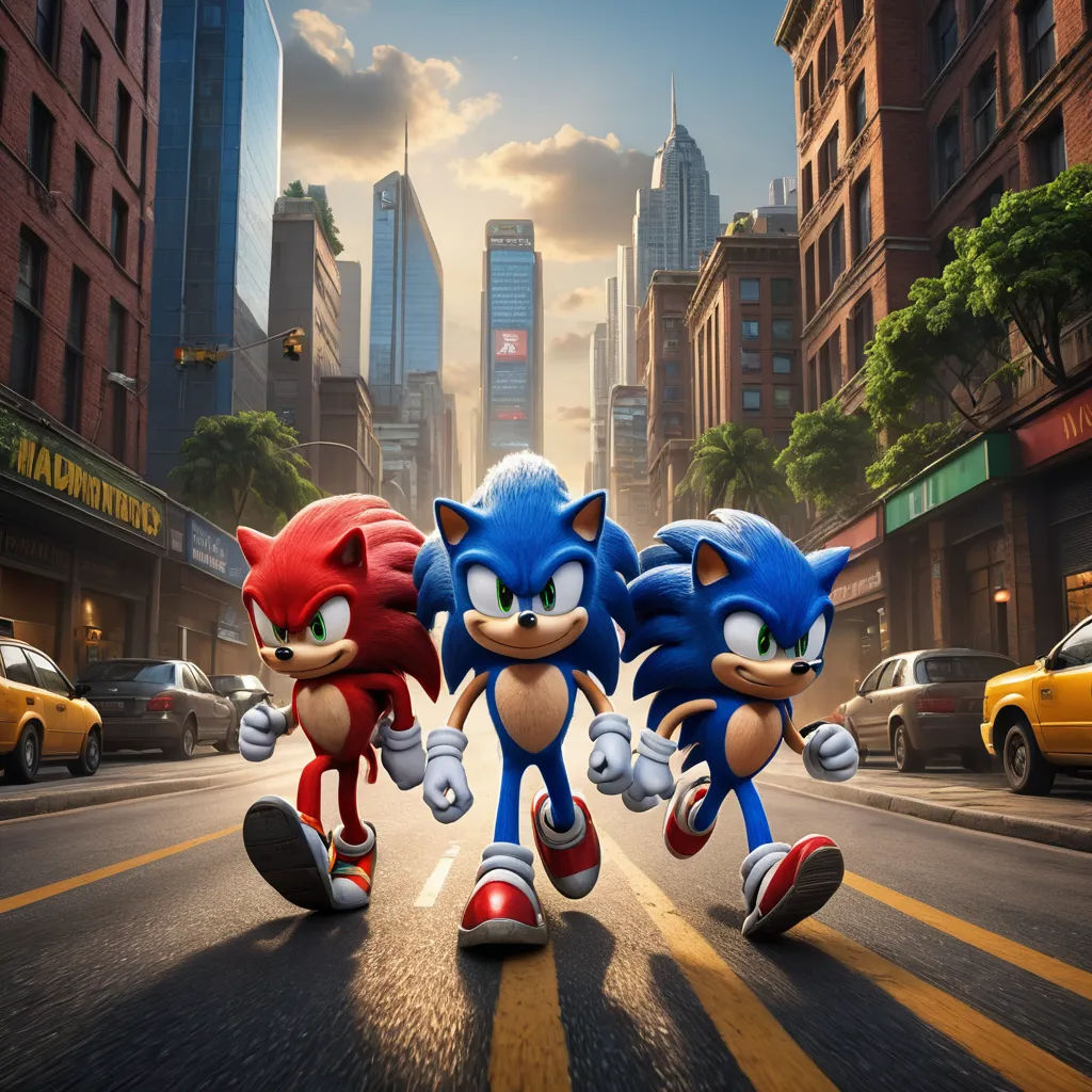 a group of sonic and tails running down a street in a city with tall buildings and cars in the background, sots art, poster art, Chris LaBrooy, key art
