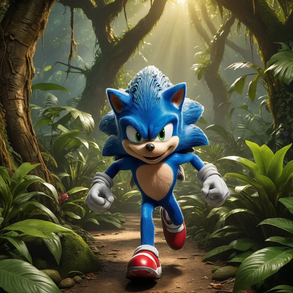 a sonic the hedgehog running through a forest of trees and plants in a scene from the movie sonic the hedgehog, sots art, concept art, Chris LaBrooy, unreal engine highly rendered
