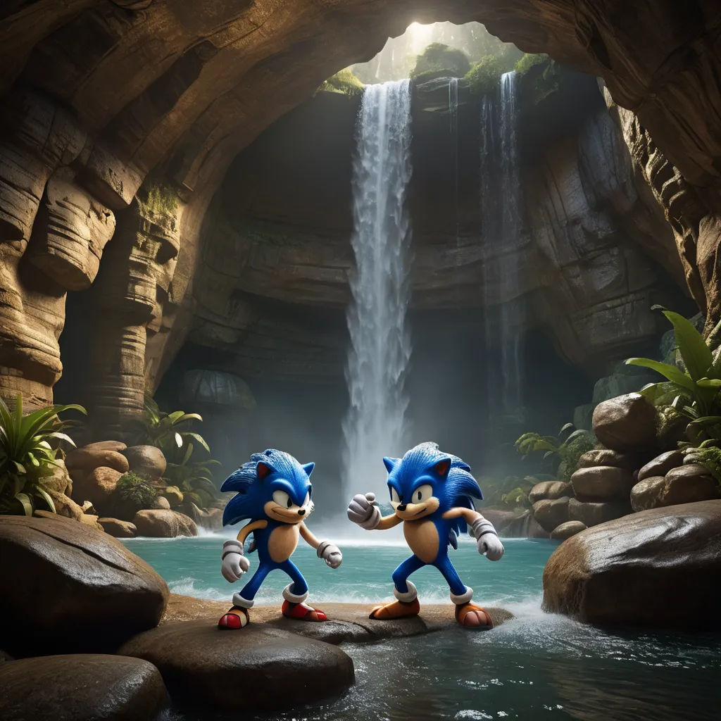 two sonic the hedgehogs are dancing in front of a waterfall in a cave with a waterfall in the background, photorealism, concept art, Chris LaBrooy, unreal engine render
