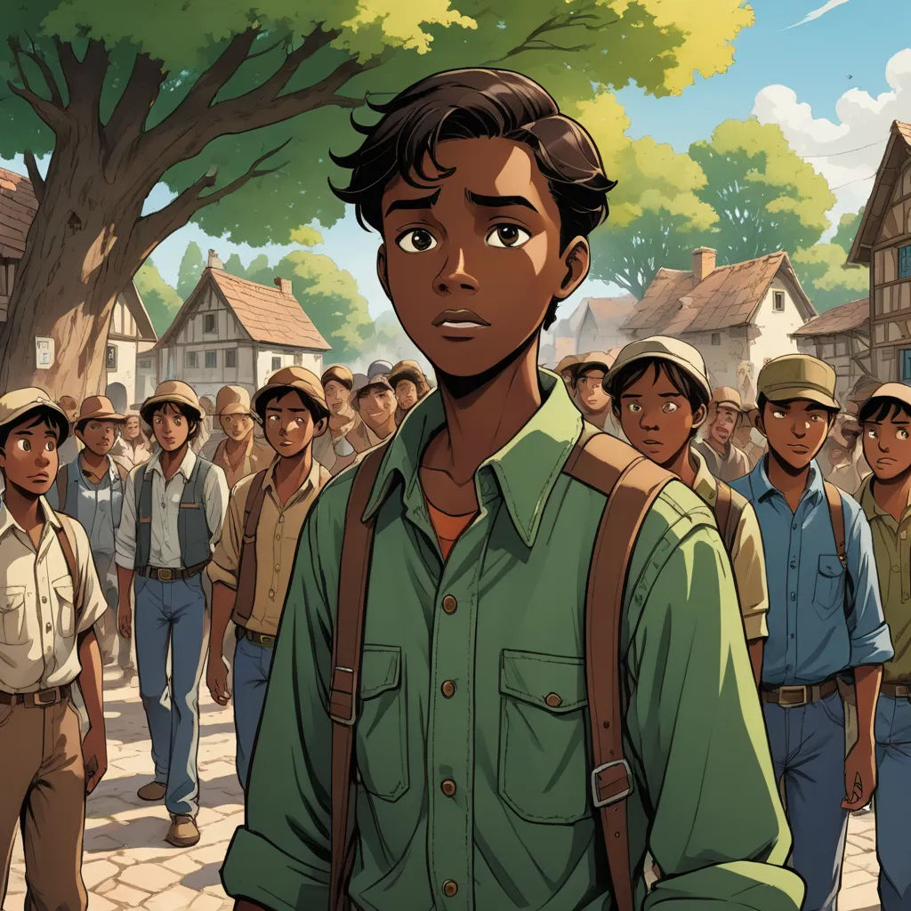 a man standing in front of a crowd of people in a village with a tree in the background and a man in a green shirt, harlem renaissance, a comic book panel, Cedric Seaut (Keos Masons), comic cover art