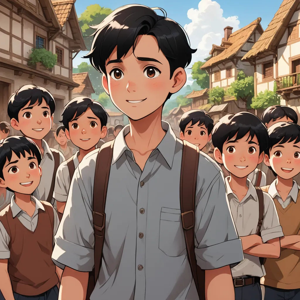 a man standing in front of a group of young boys in a village with houses on the other side, serial art, a storybook illustration, Adam Manyoki, official art