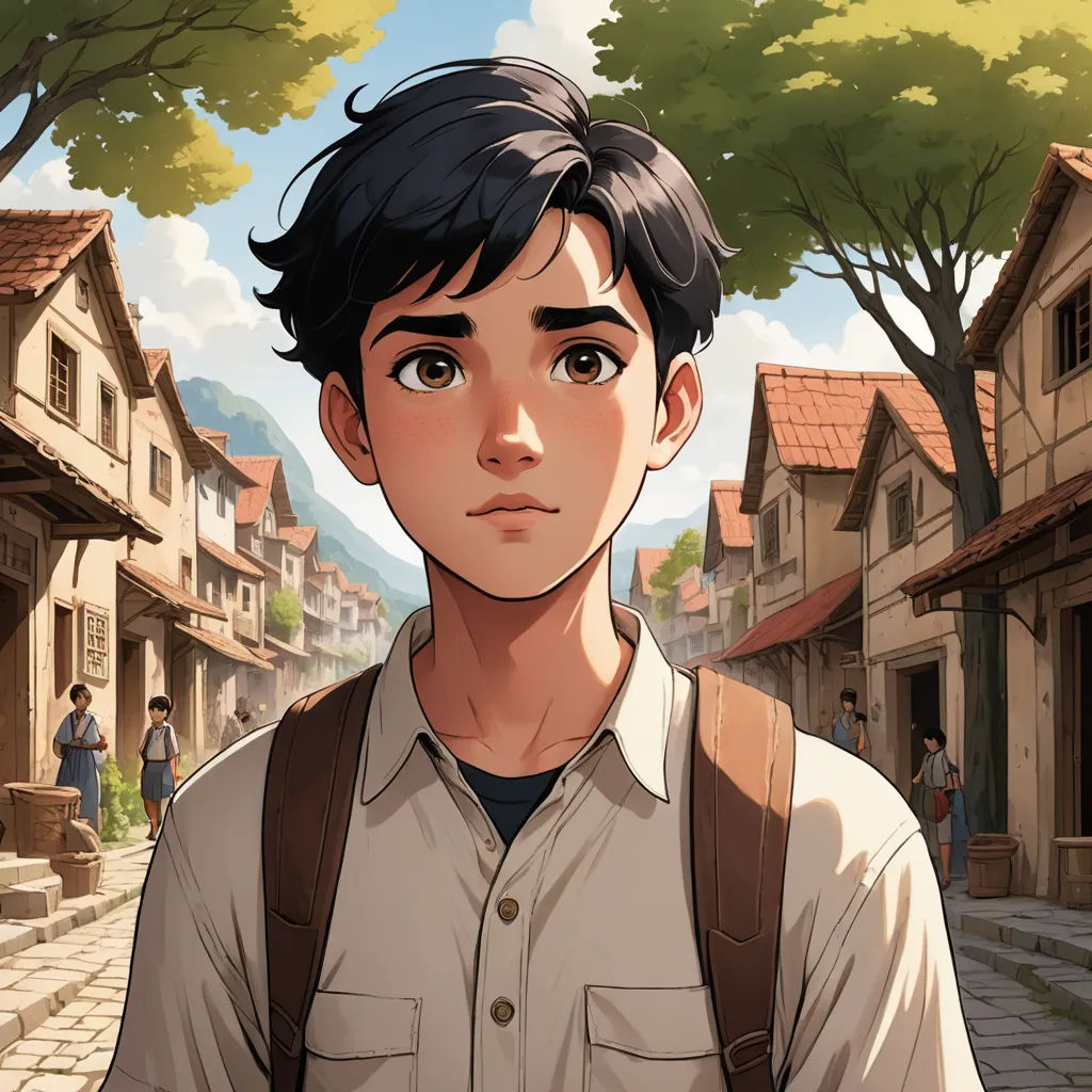 a boy with a backpack standing in front of a street with houses and trees on it, looking at the camera, sots art, a character portrait, Cedric Seaut (Keos Masons), rossdraws global illumination