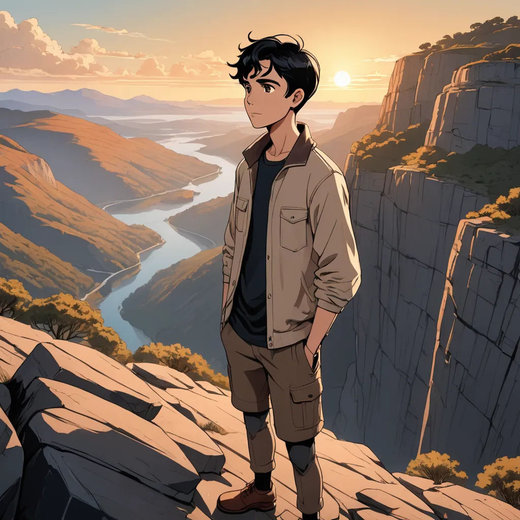 a man standing on a cliff overlooking a valley and a river in the distance with a sunset in the background, environmental art, concept art, Albert Namatjira, official art