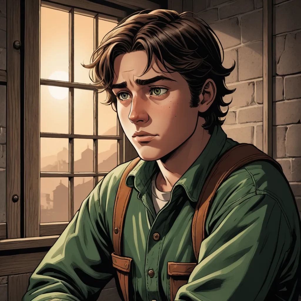 a man sitting at a table with a knife in his hand and a window in the background with a brick wall, cynical realism, a comic book panel, Clark Voorhees, graphic novel