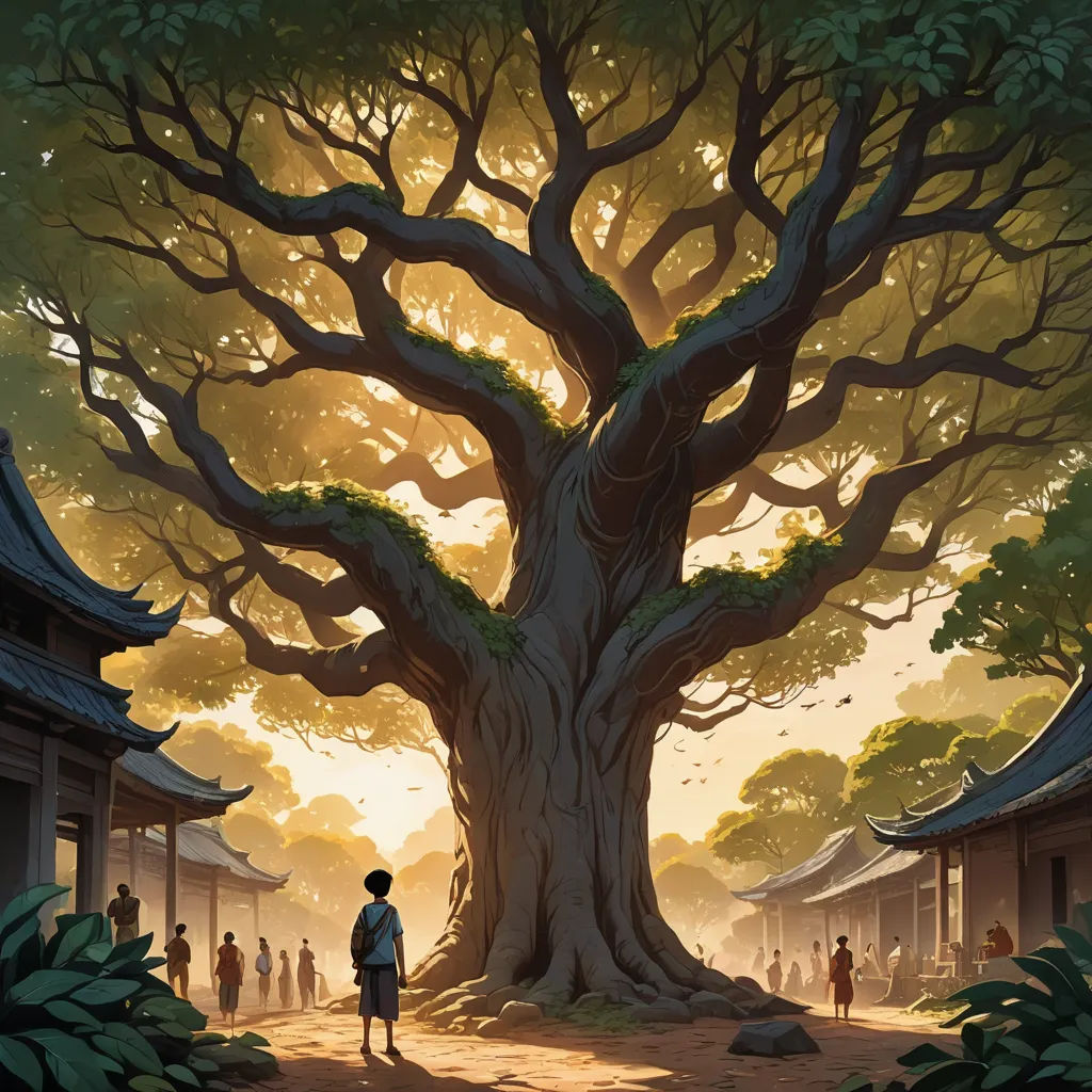 a painting of a tree with a man standing under it in front of a building and a building with a sky background, magical realism, a storybook illustration, Asaf Hanuka, rossdraws global illumination