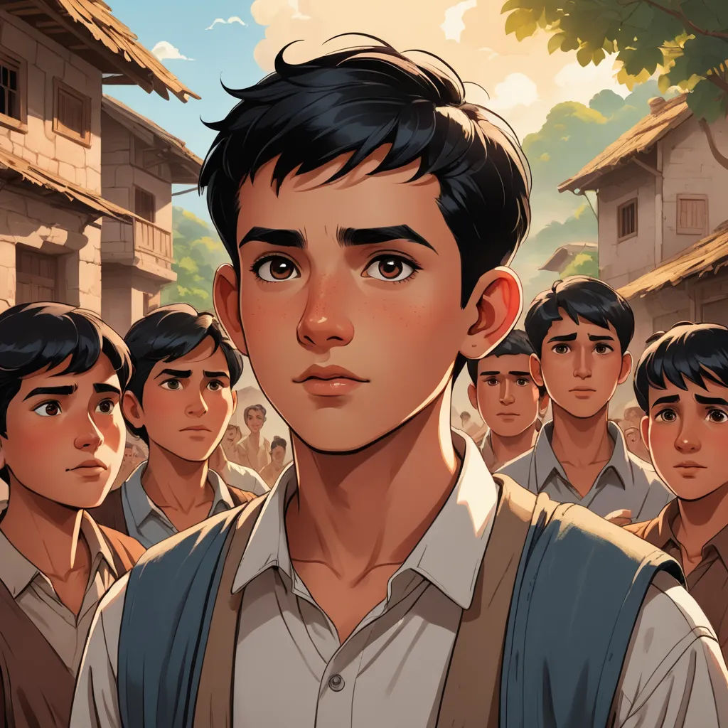 a boy in a school uniform standing in front of a group of boys in a village with a building, serial art, a character portrait, Alejandro Burdisio, graphic novel