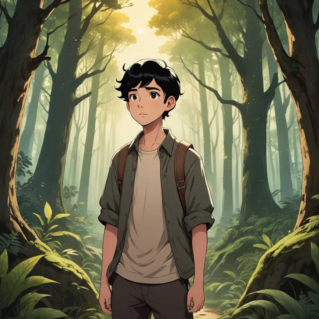 a boy standing in a forest with a backpack on his back and a forest background with trees and bushes, environmental art, a character portrait, Cedric Seaut (Keos Masons), official art