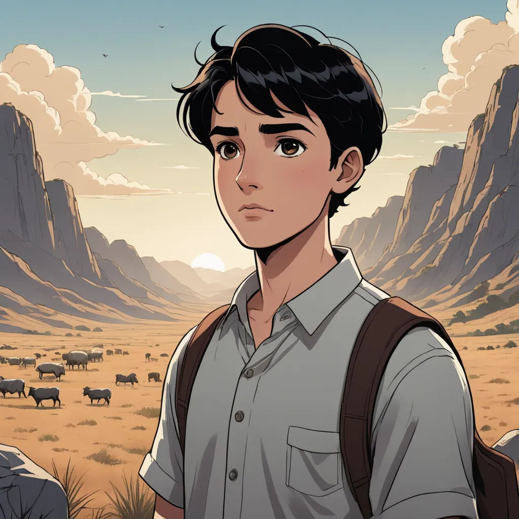 a boy with a backpack standing in front of a mountain range with a herd of sheep in the background, serial art, a comic book panel, David Park, western comic book art