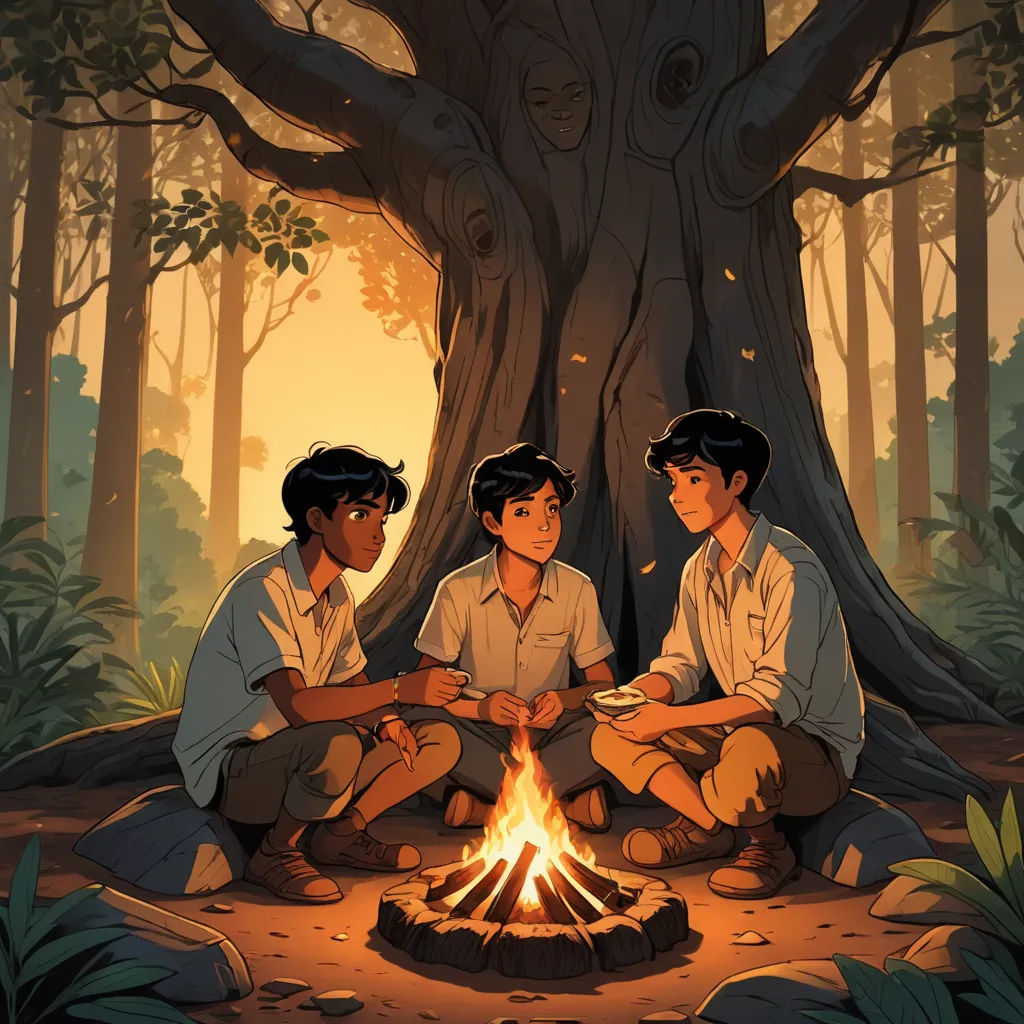 two boys sitting around a campfire in the woods with a tree in the background and a man standing next to them, serial art, a storybook illustration, Atey Ghailan, official art