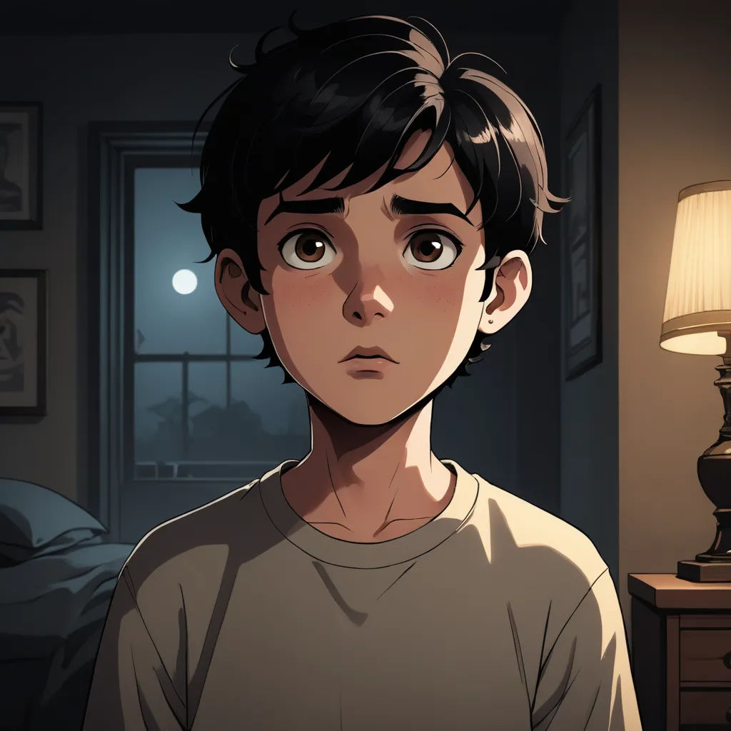 a boy in a bedroom with a lamp on a nightstand and a bed in the background with a picture of a person in the room, sots art, a character portrait, Diego Gisbert Llorens, rossdraws global illumination