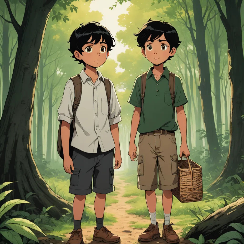 two young boys standing in a forest with a basket in their hand and a backpack on their shoulder, with a path leading to them, les nabis, concept art, Fathi Hassan, official art
